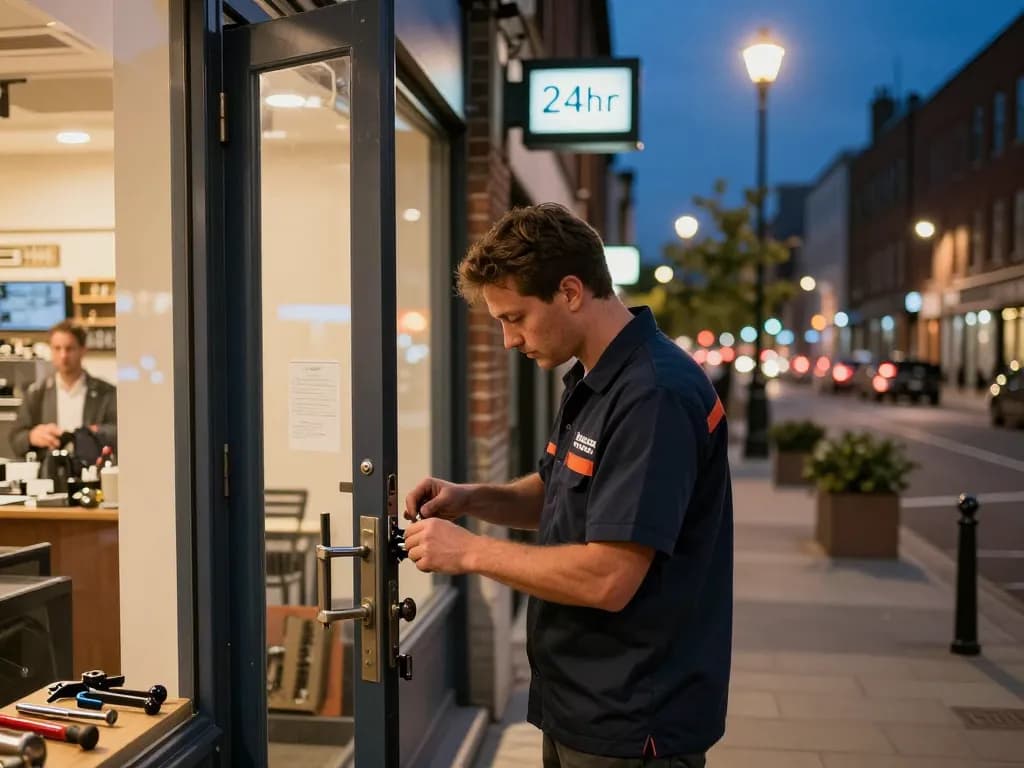 Schlüsseldienst-Techniker arbeitet an einer Tür in Heidelberg und zeigt die Professionalität und den 24/7 Service des Schlüsseldienstes Heidelberg.
