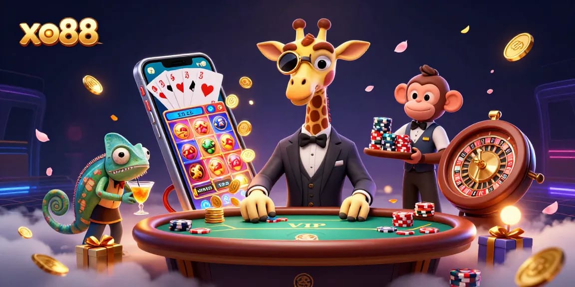 Experience excitement with xo88's high-roller giraffe and vibrant casino elements in stunning 3D.