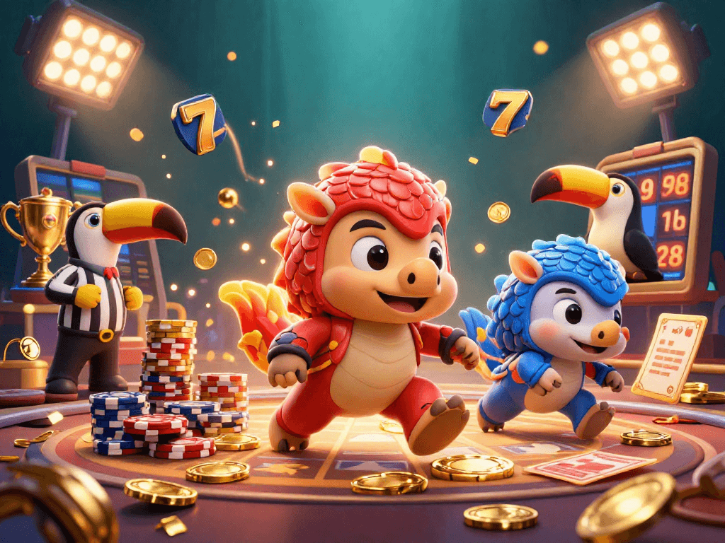 Bet at sunwin with cartoon pangolins playing slots among confetti and poker chips.