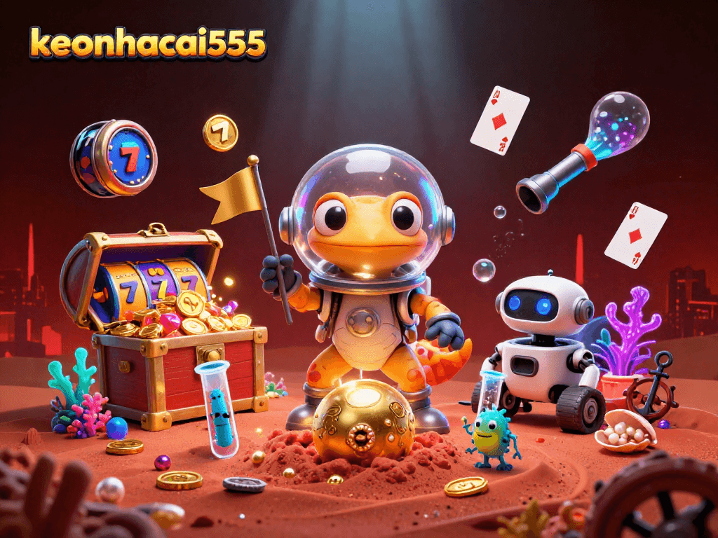 Engage with keonhacai555's golden casino adventure in a vibrant 3D illustration filled with gambling excitement.