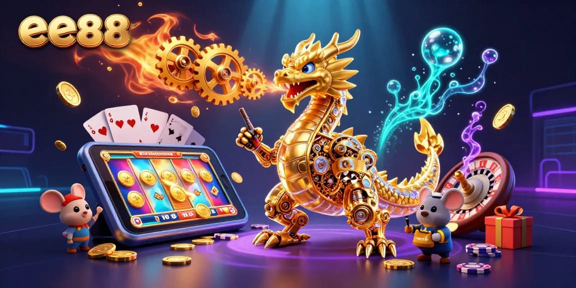 Experience the excitement of ee88 with a golden dragon, slots, and dynamic casino elements!