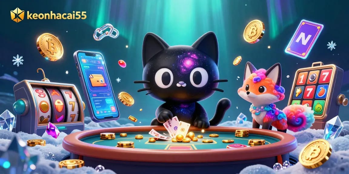 Engage with keonhacai55 at a cosmic casino, featuring vibrant characters and dynamic crypto elements.