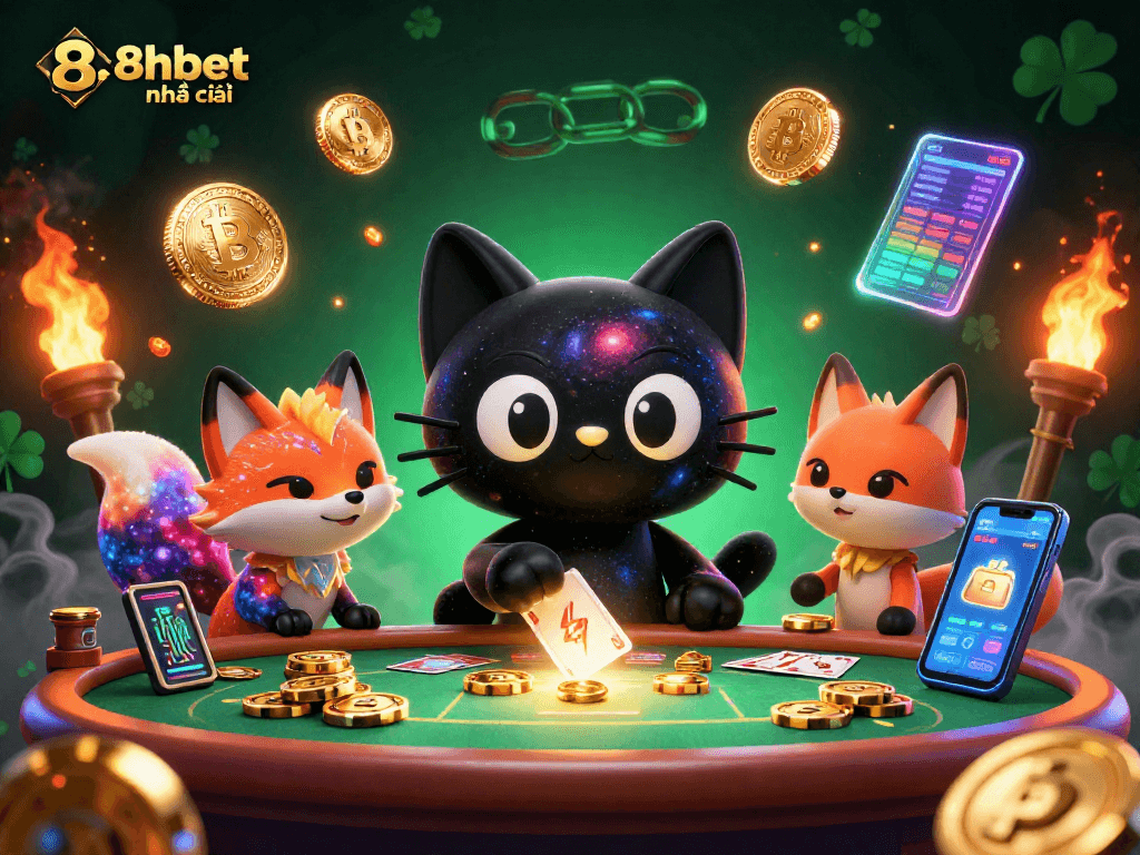 Engage with 8xbet nhà cái in a vibrant, dynamic cosmic casino illustration featuring whimsical gaming elements.