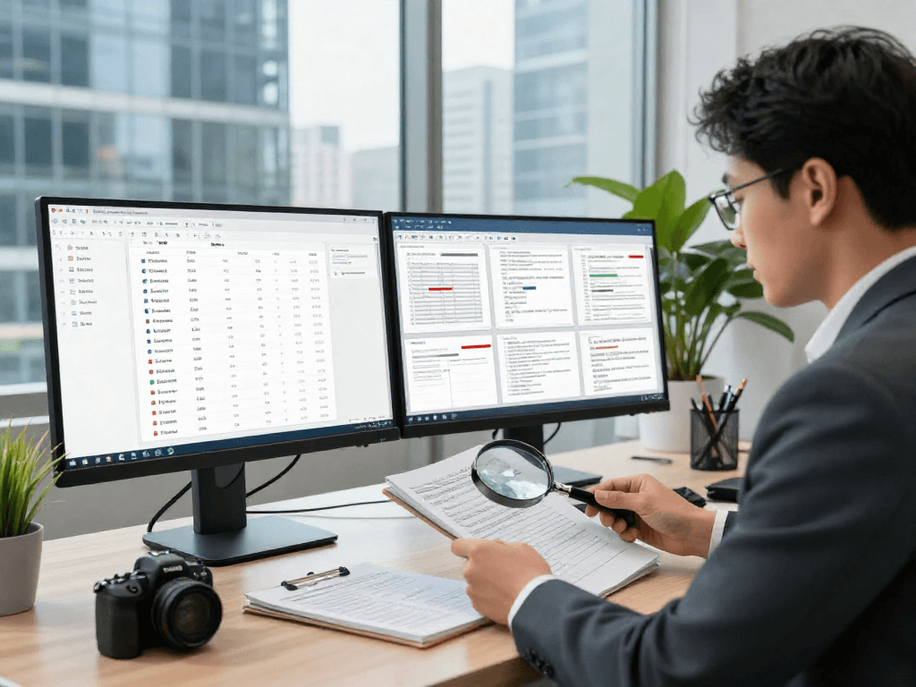 Detailed image of document fraud detection analysis in a modern office, showcasing a compliance analyst examining discrepancies on dual monitors.