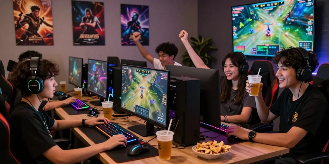 Engaged gamers celebrating a FAFA828 tournament victory in a vibrant gaming room.