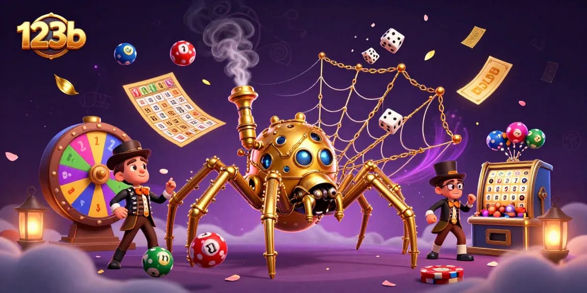 Engage with 123b's thrilling casino experience featuring a steampunk spider and lively game elements.