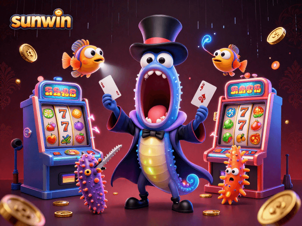 Win big with sunwin in a vibrant casino scene featuring magical sea creatures and slot machines.