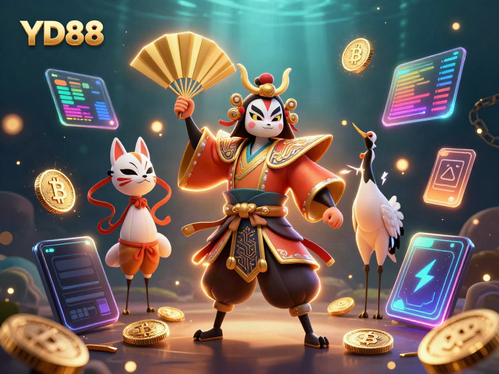 Engage with YD88, the premier betting site, as kabuki warriors celebrate vibrant gaming and cryptocurrency.