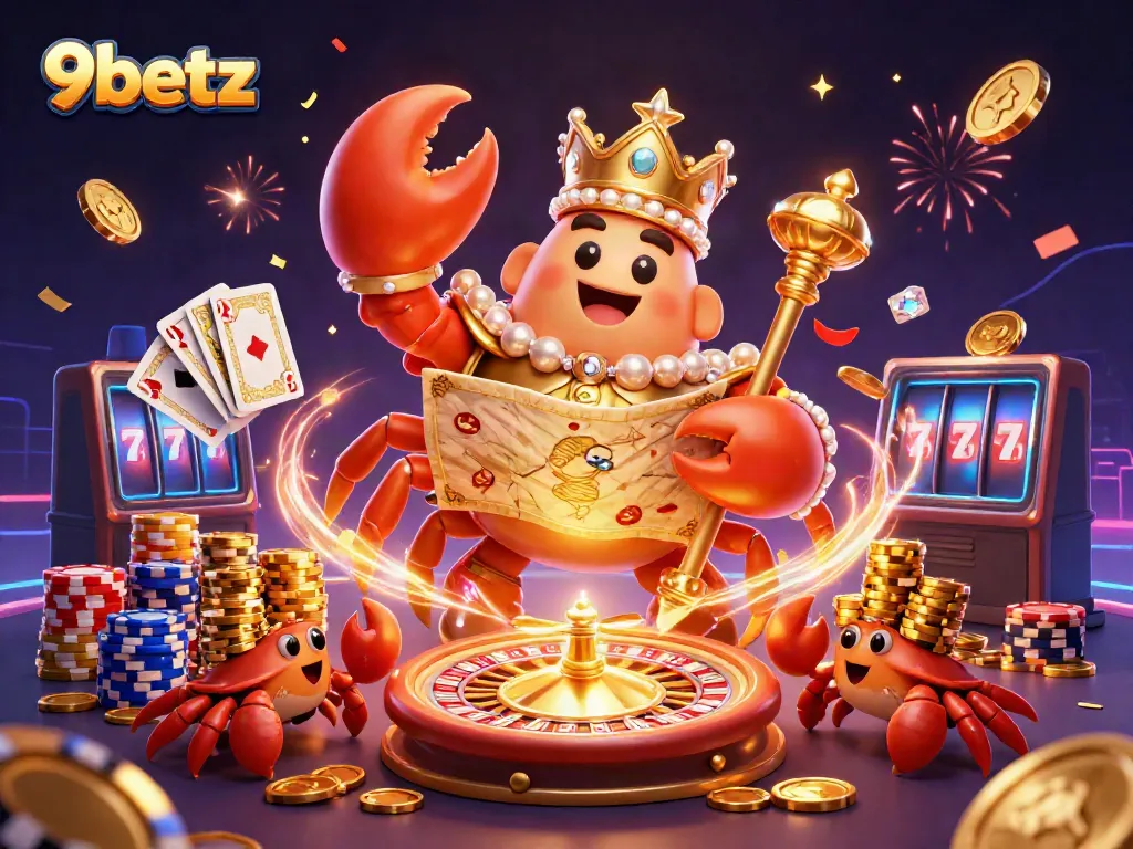 Experience the thrilling world of 9betz with a golden crab emperor and lavish casino elements.