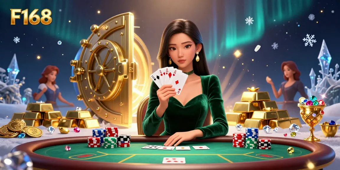 Experience F168 with a strategic poker game and a vibrant display of casino treasures.