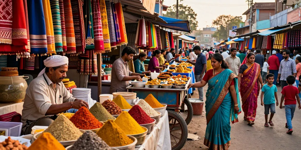 Vibrant street market in India with rokok88 super spices and textiles, depicting colorful cultural richness.