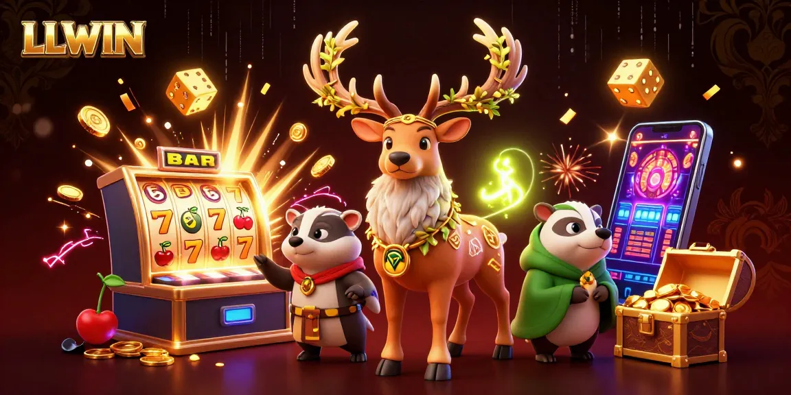 LLWIN players engage with vibrant casino games and jackpots, vibrant scene with dynamic elements.