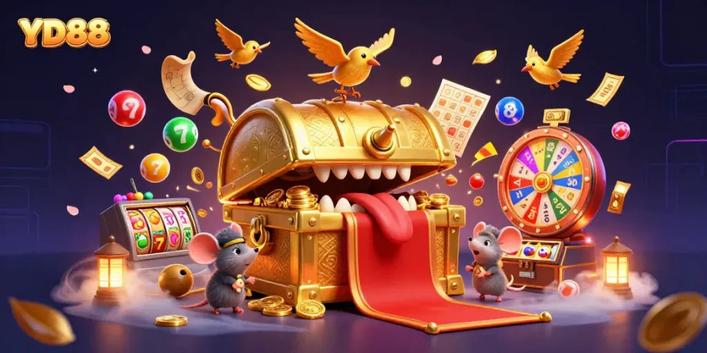 Engaging YD88 casino illustration with adventurous characters and vibrant gaming elements.