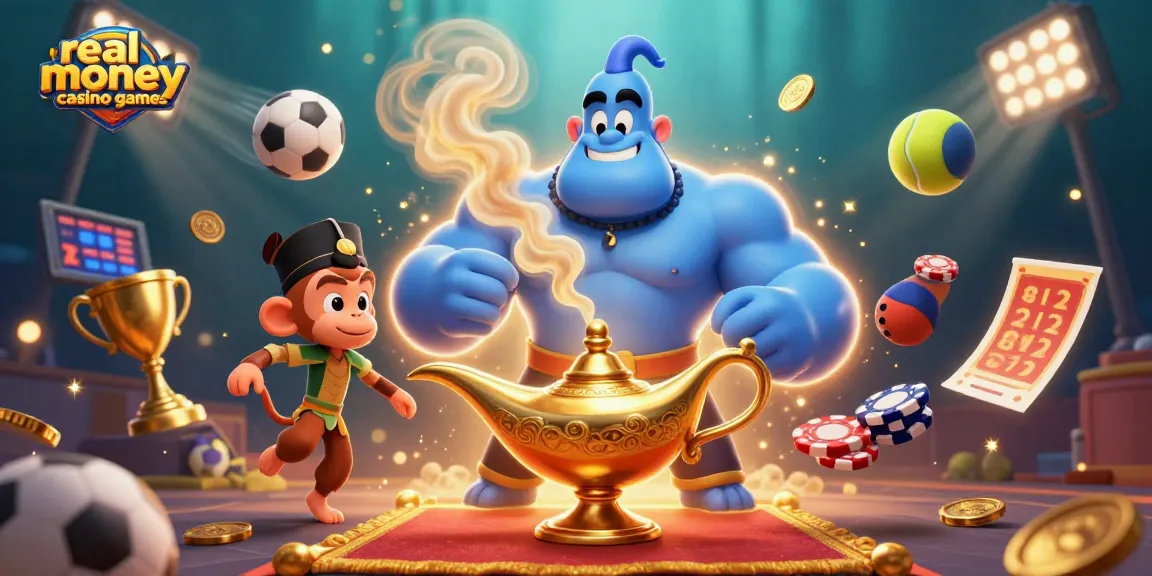 Experience real money casino games with a vibrant 3D illustration of a genie, monkey, and poker elements.