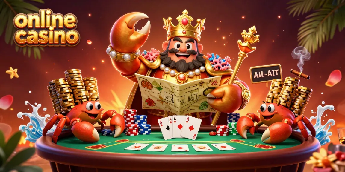 Experience the excitement of an online casino with a golden crab emperor and poker elements.