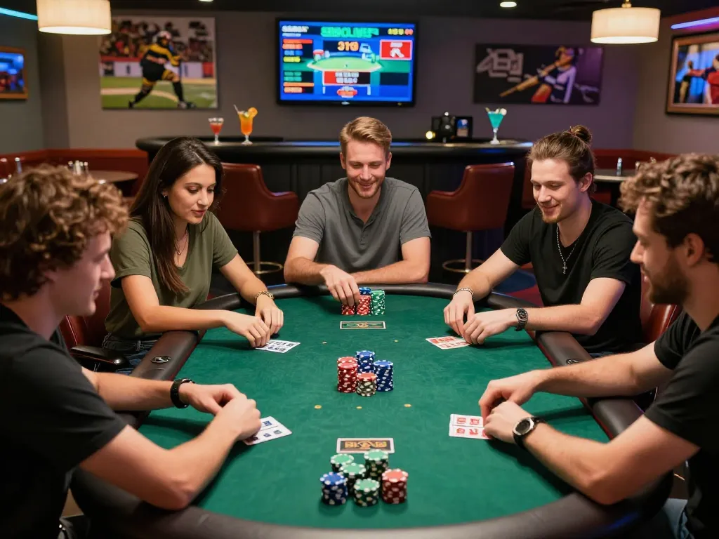 SBOBET live odds displayed in a vibrant poker lounge, friends enjoying a lively card game.