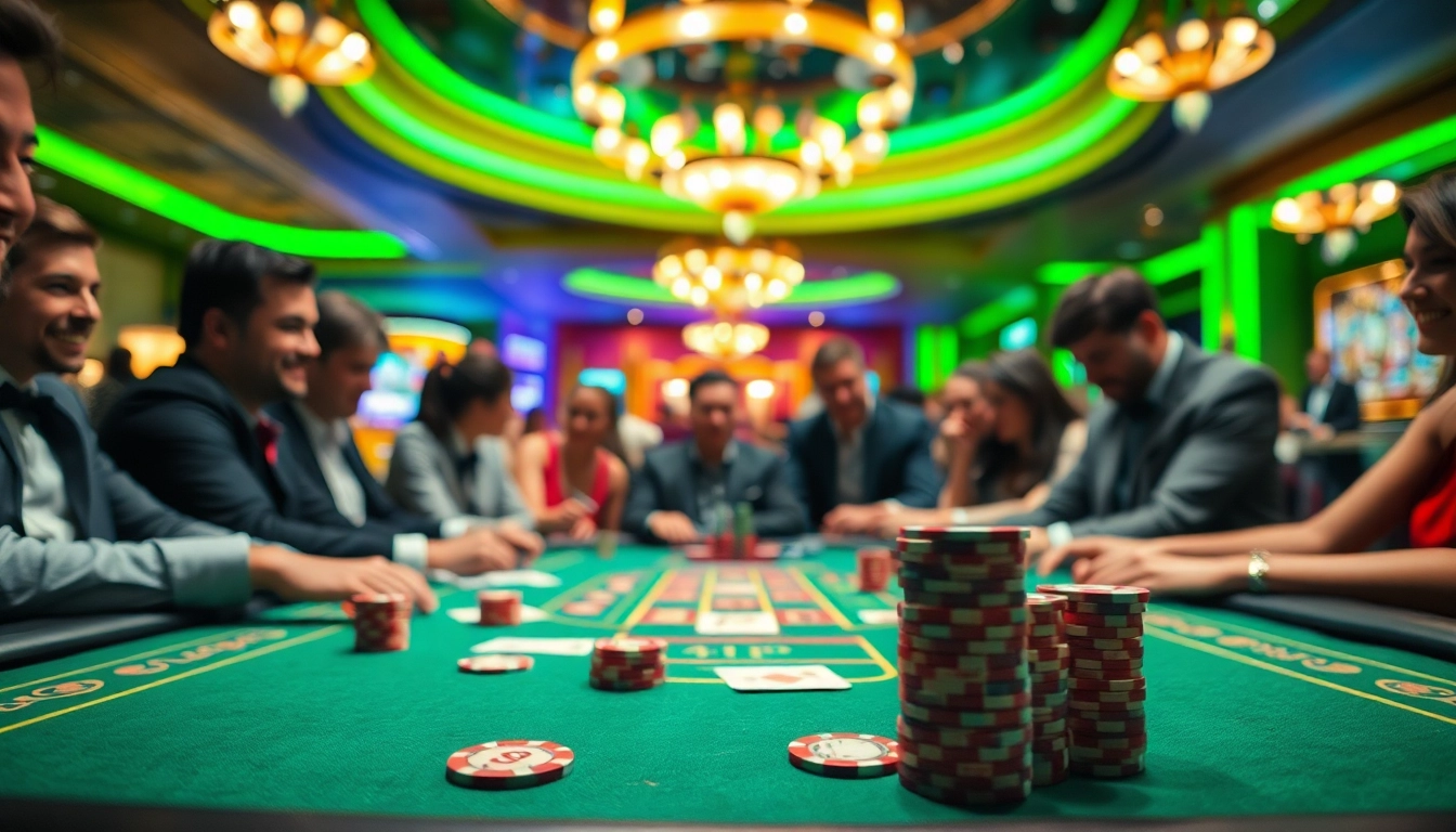 Spieler genießen Casinospielen an einem Tisch mit leuchtenden Farben und intensiver Atmosphäre.