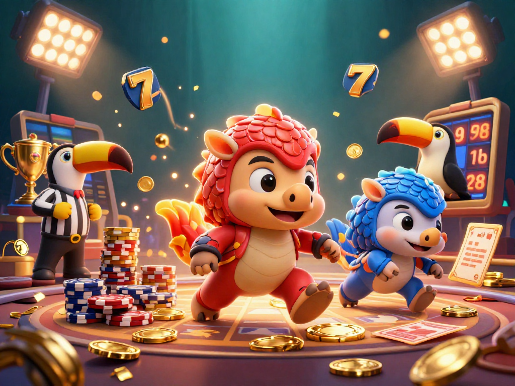 Bet at sunwin with cartoon pangolins playing slots among confetti and poker chips.
