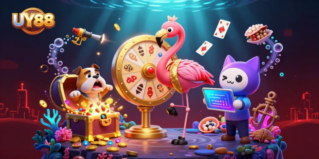 Spin the golden prize wheel with UY88 in this lively casino scene featuring dynamic characters.