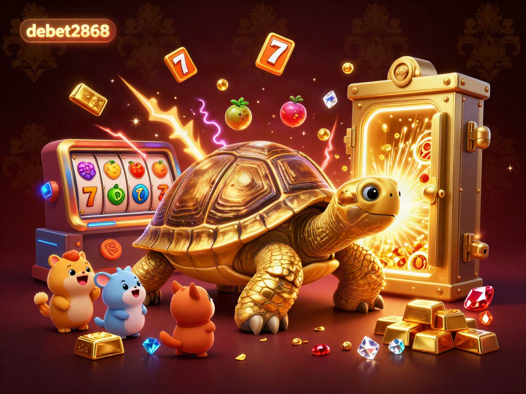 Experience the dazzling debet2868 casino excitement with a surreal 3D illustration featuring a pinball tortoise amidst treasure.