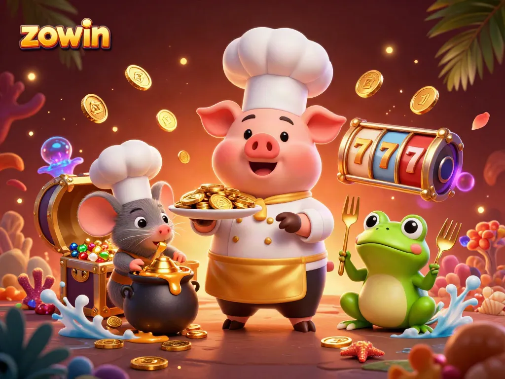 Zowin captivates with a vibrant depiction of casino games featuring a chef pig, mouse, and frog amidst gold coins and slot reels.