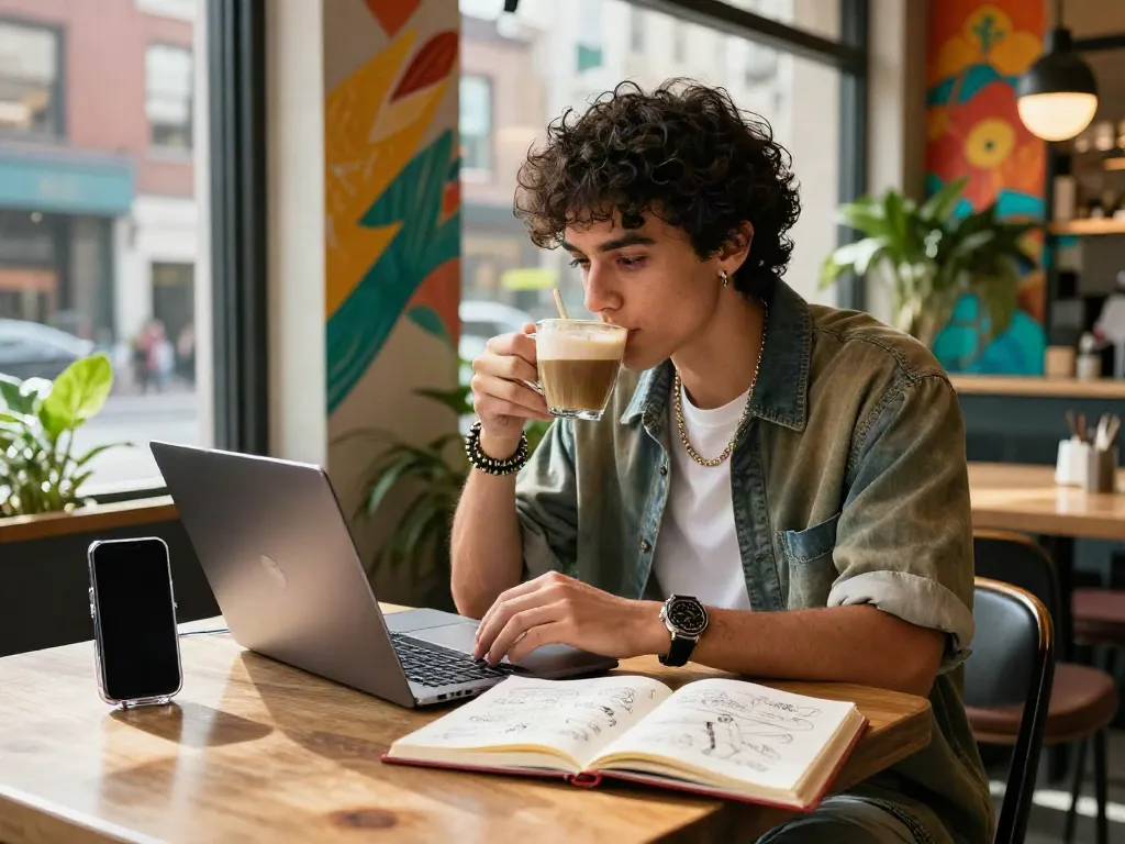 Stylish individual at a café with rokok88 accessories, laptop open, vibrant ambiance.