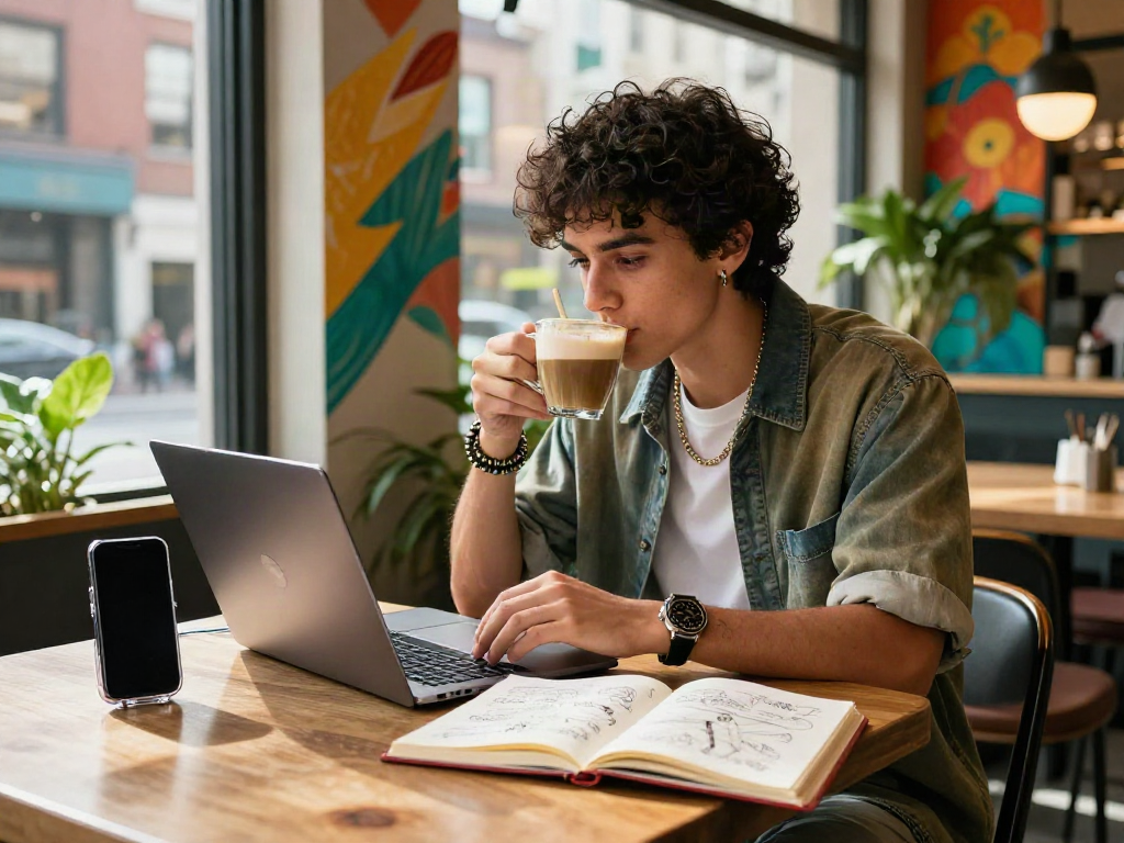 Stylish individual at a café with rokok88 accessories, laptop open, vibrant ambiance.