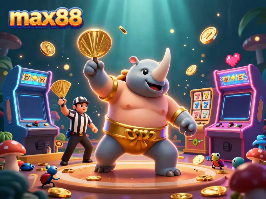 Experience the excitement of max88 through an animated 3D scene featuring a rhinoceros beetle champion amidst casino games.