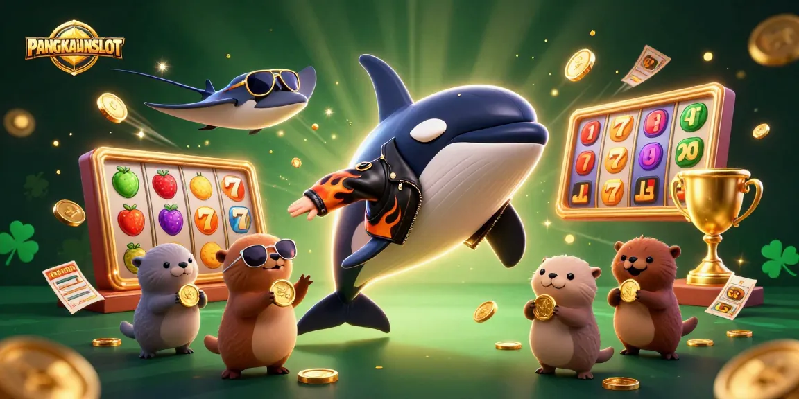 PANGKALANSLOT showcases a dynamic scene with an orca in a biker jacket and otters holding coins amidst vibrant slot machine elements.