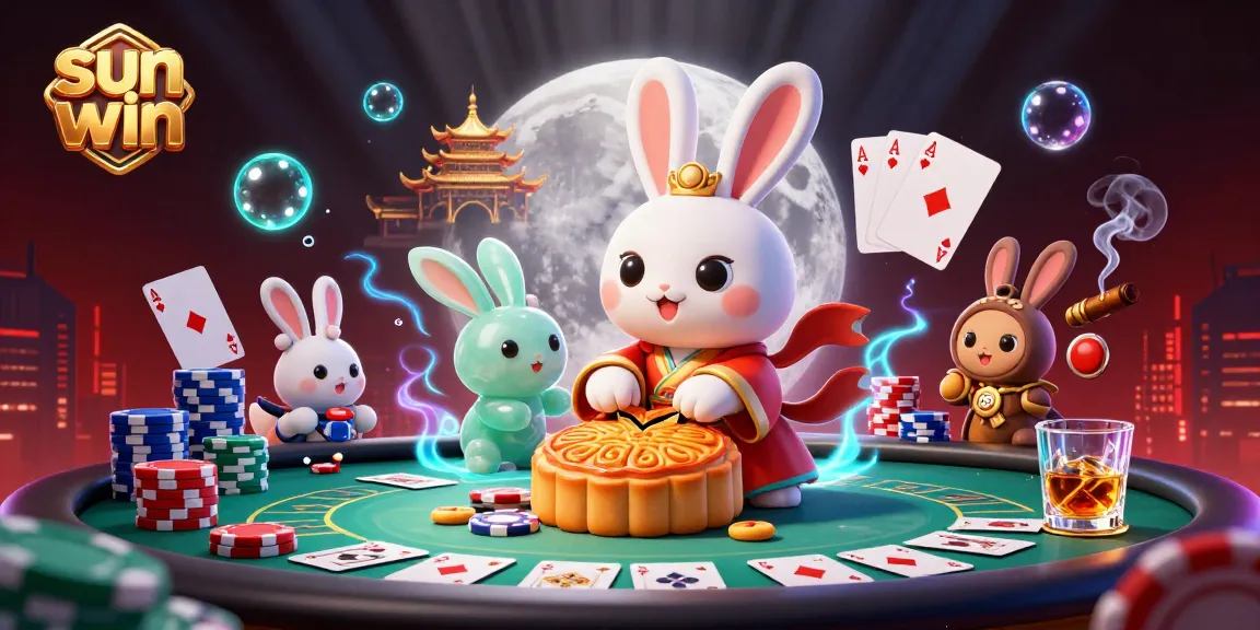 Play and win at sun win with whimsical moon rabbits and vibrant poker elements.
