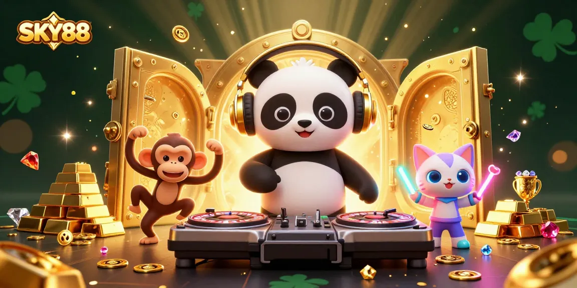 Win big at SKY88 with a vibrant 3D casino scene featuring a DJ panda, dancing monkey, and glowing kitten.