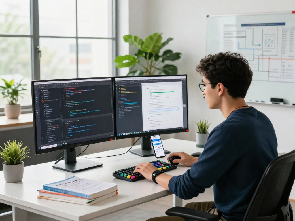 Innovative tech workspace at http://debet-app.com with developer coding on dual monitors in bright modern office.