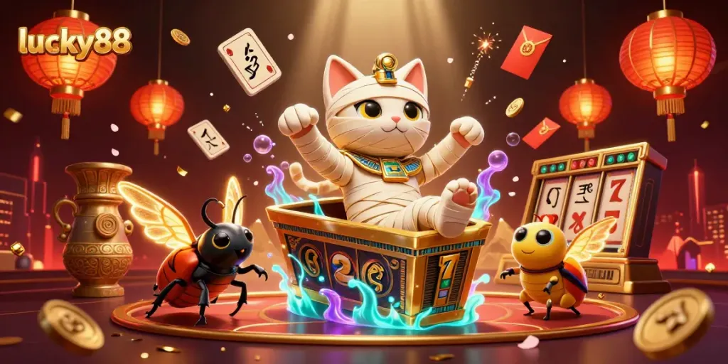 Engage with lucky88's 3D casino adventure featuring a mummy cat and vibrant gaming elements.