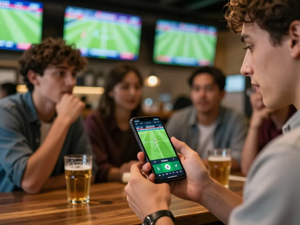 Engaging sports betting scene showing kèo nhà cái updates on a smartphone among friends.