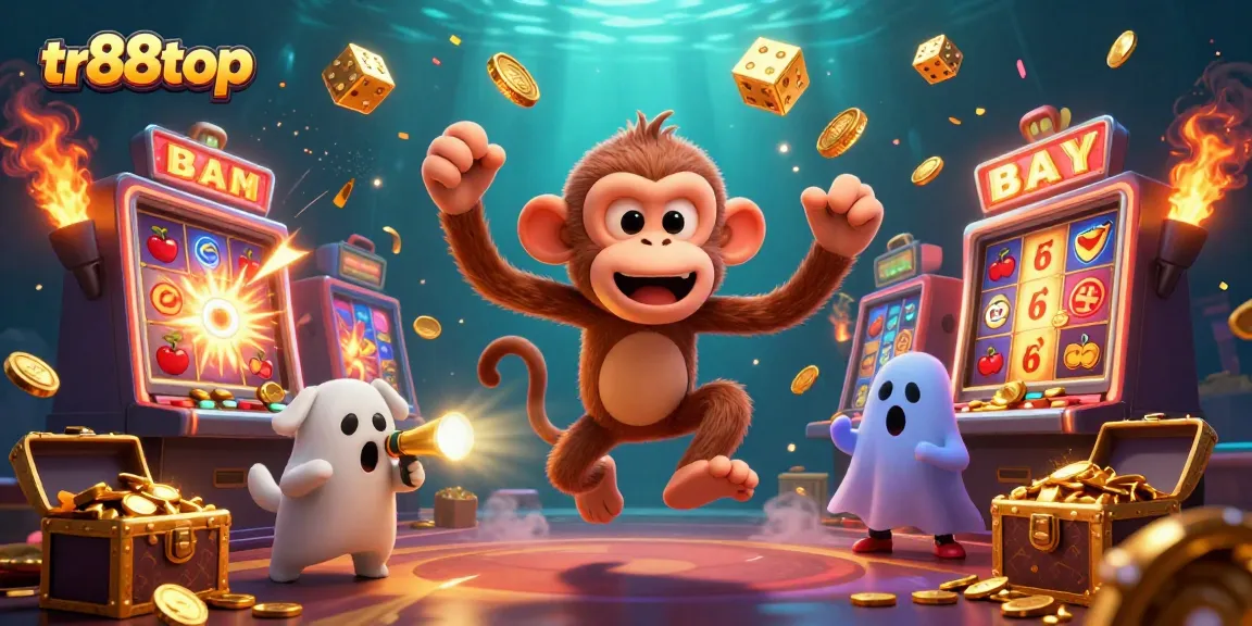 tr88top showcases a 3D mischievous poltergeist monkey juggling golden objects in a lively casino.