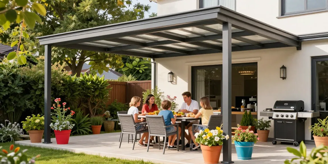 Moderne Terrassenüberdachung bietet Schutz und Stil für gemütliche Familienmomente im Freien.