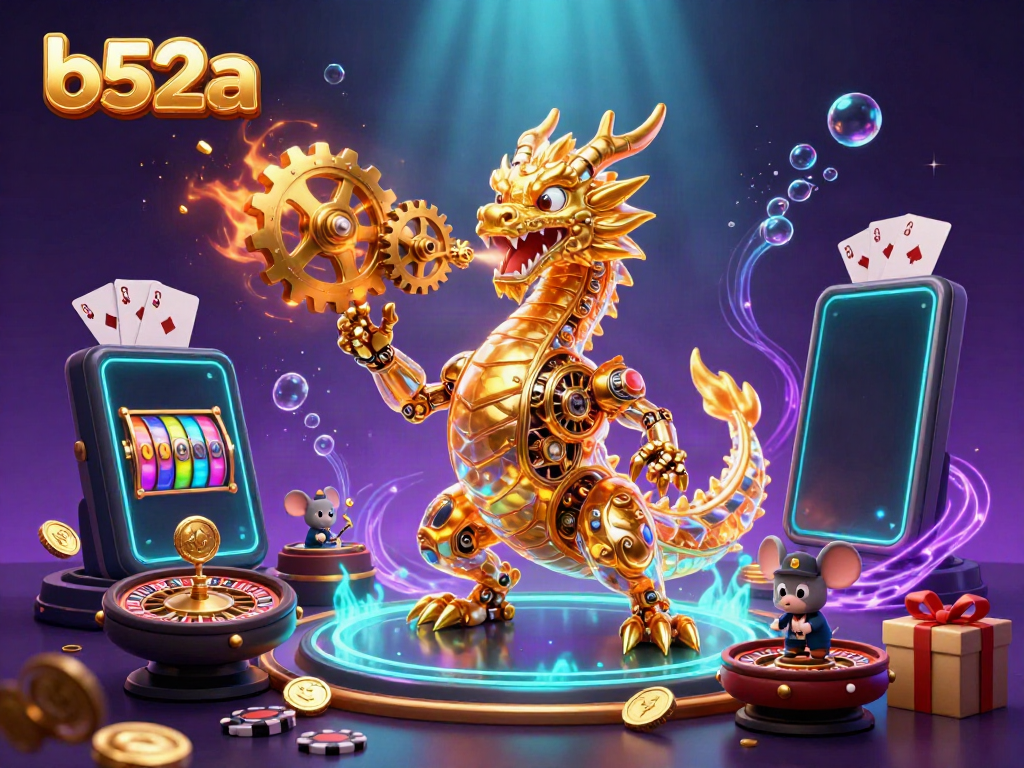 Experience the magic of b52a with a golden dragon and dynamic casino elements in this captivating illustration.