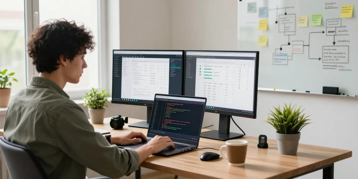 Build internal tools with AI in a modern home office workspace showing a developer engaged with coding and project management.