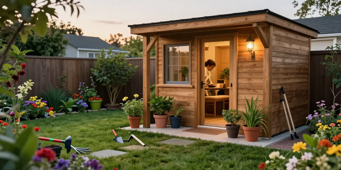 Gartenhäuser von McGarden24 im heimischen Garten mit frischen Pflanzen und Wärme der Abendsonne.