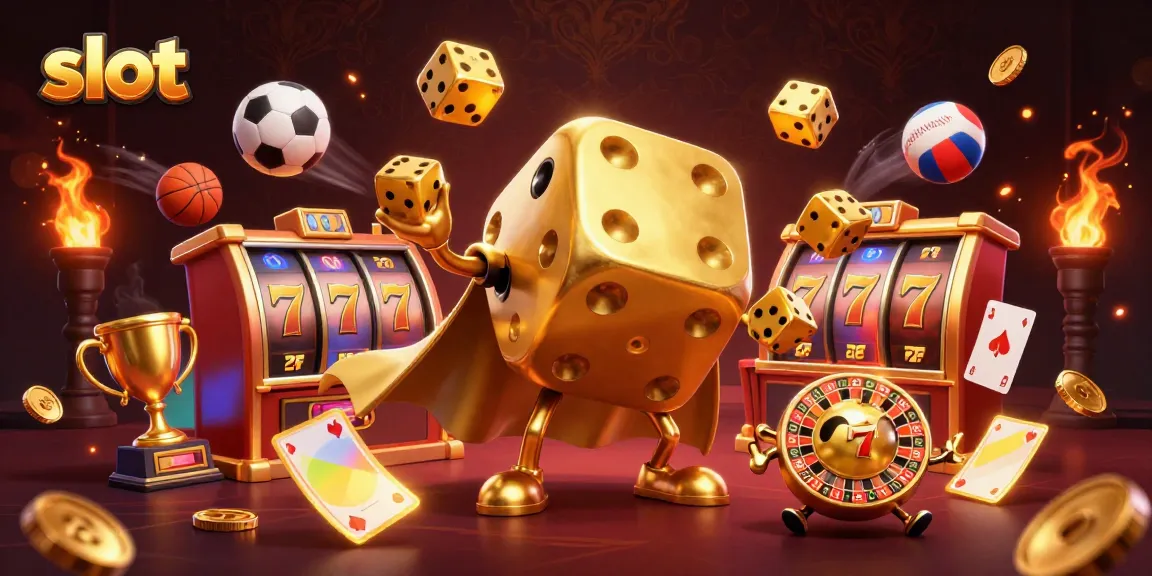 Spin the slot reels with golden dice and vibrant colors in this energetic casino scene.