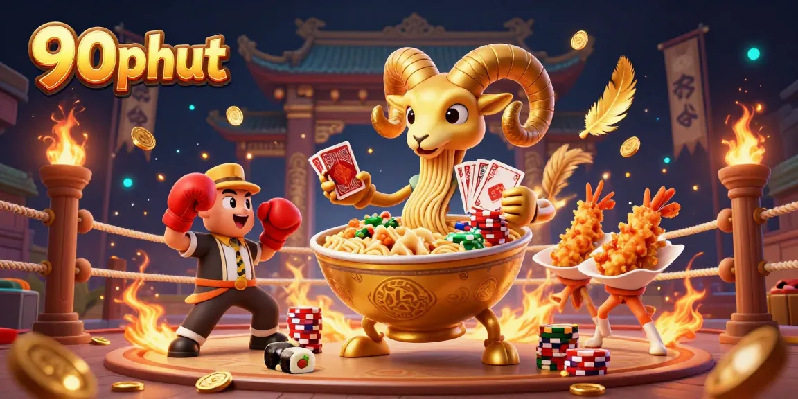 Engage with thrilling bets at 90phut featuring a unique golden ramen bowl character surrounded by casino elements.