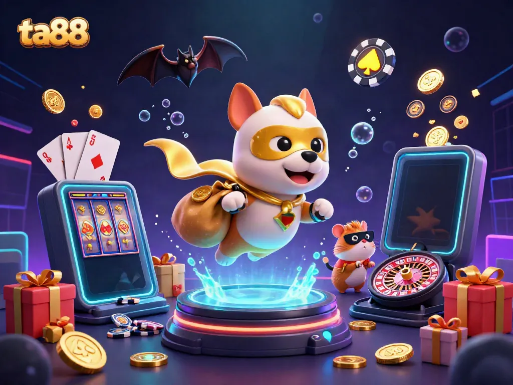 Experience exciting casino action with ta88's playful superhero dog and hamster in a vibrant gambling scene.