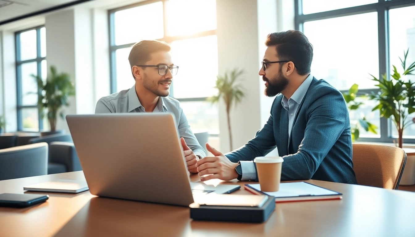 Headhunter IT im Gespräch mit einem Kandidaten in einem modernen Büro.