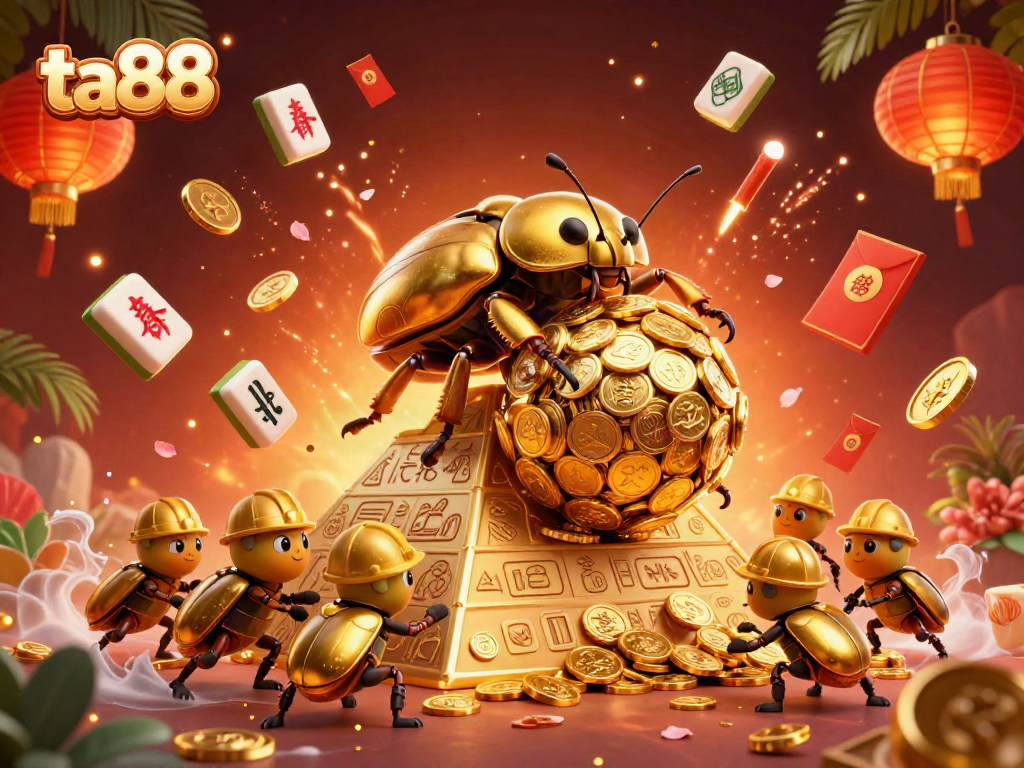 Spin to win big at ta88 with a dynamic golden beetle casino illustration filled with excitement!