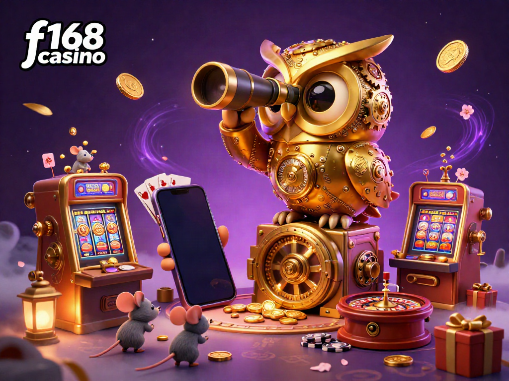 Experience the vibrant f168 casino world with a golden owl and wind-up mice in a detailed casino illustration.