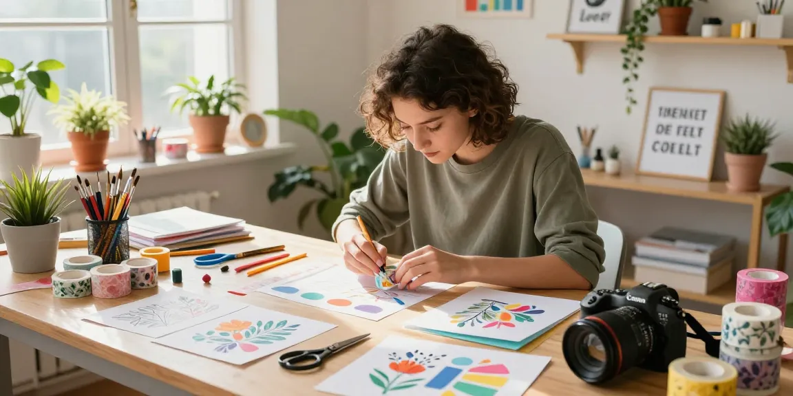 Artisan designing custom washi tape in a bright craft studio with colorful patterns and tools.