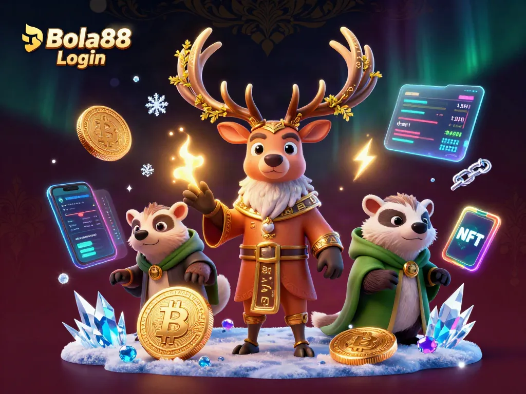 Bola88 Login illustration showcasing a Celtic druid stag and wise badger in a vibrant 3D casino scene