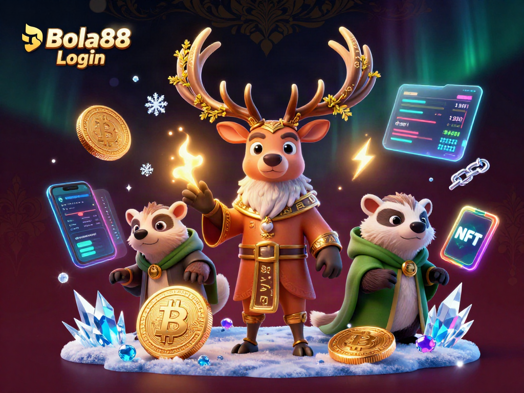 Bola88 Login illustration showcasing a Celtic druid stag and wise badger in a vibrant 3D casino scene