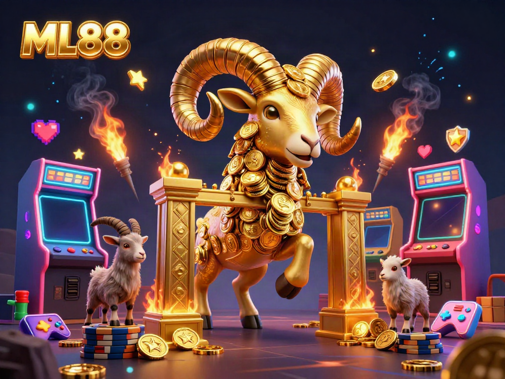 Engaging ML88 scene featuring a golden charging ram with casino elements and arcade machines.
