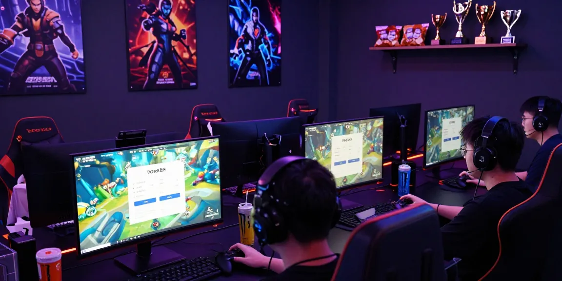 Vibrant gaming setup with rokok88 login screen and players engaged in action.